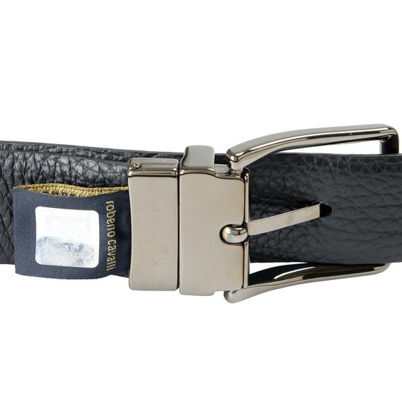 Cavalli Class Men's Black 100% Pebbled Leather Buckle Decorated Belt - Picture 4 of 5